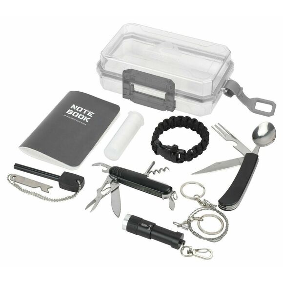Survival Kit Multi-Tool 16pc Key-Chain Light Saw Utensils Notebook Clear Box NEW - Picture 1 of 6